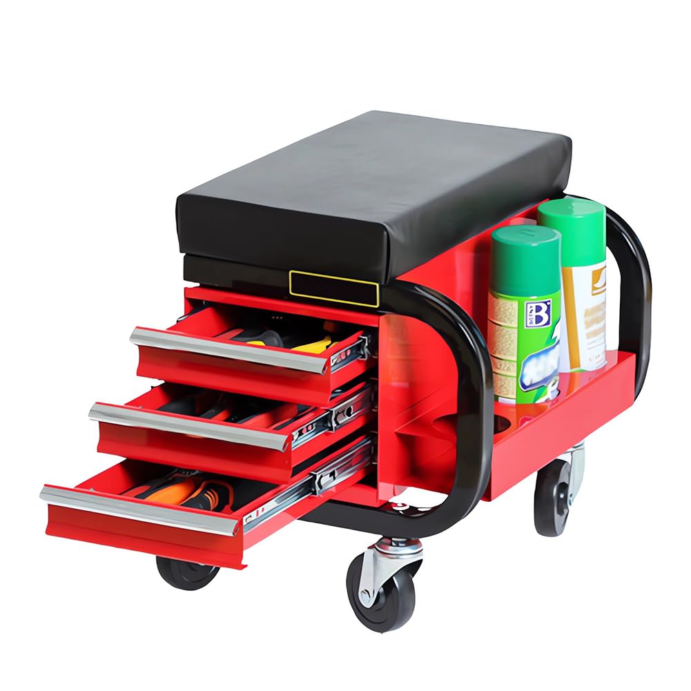 QUTBAGHeavy Duty Creeper Seat, Multi-Function Mechanic’s Rolling Seat with 4 Universal Wheels, 3 Drawers & Can Holders, Repair Padded Seat for Garage Workshop red
