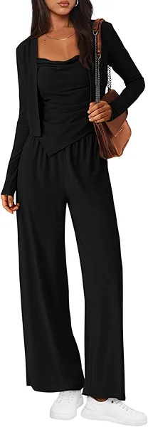 BTFBM Women's Fall Lounge Sets 3 Piece Outfit Tracksuits Casual Long Sleeve Tops High Waisted Sweatpants Set(Black,Small)