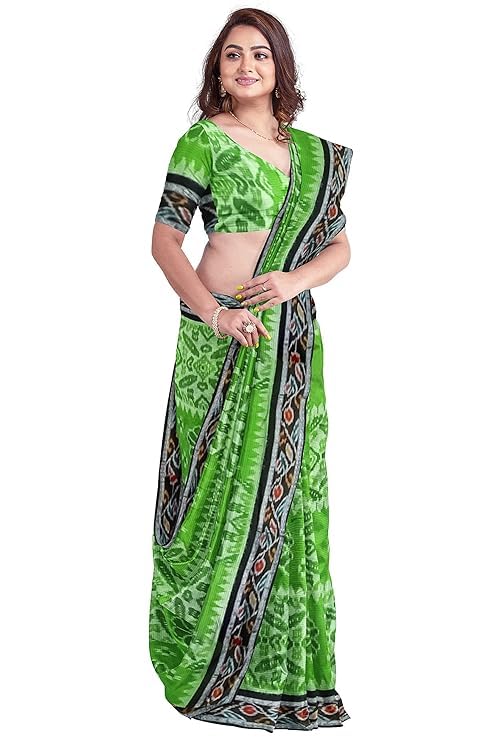 Image of Ikat Women's Cotton Saree, Handmade Pure Cotton Khandua Saree, Ikkat Orissa Traditional Handloom Saree without Blouse