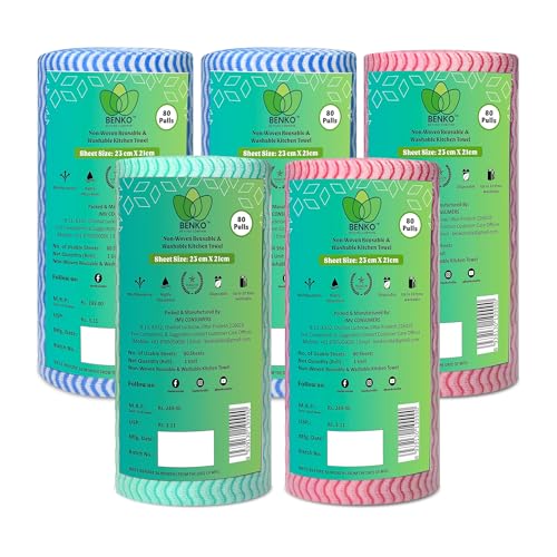 Image of BENKO Non Woven Washable & Reusable Kitchen Towel Roll | Ultra Absorbent, Quick Dry & Odour Resistant Kitchen Cloth | Multipurpose Kitchen Use | 80 Pulls per Roll, 400 Sheets Pack of 5