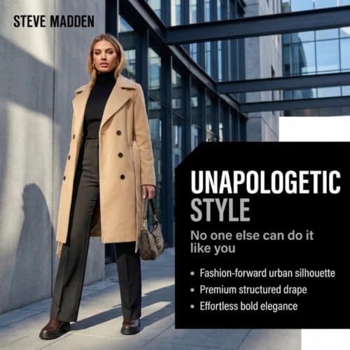 Image of Steve Madden Trench Coat for Women - Double-Breasted Long Winter Faux Wool Coat