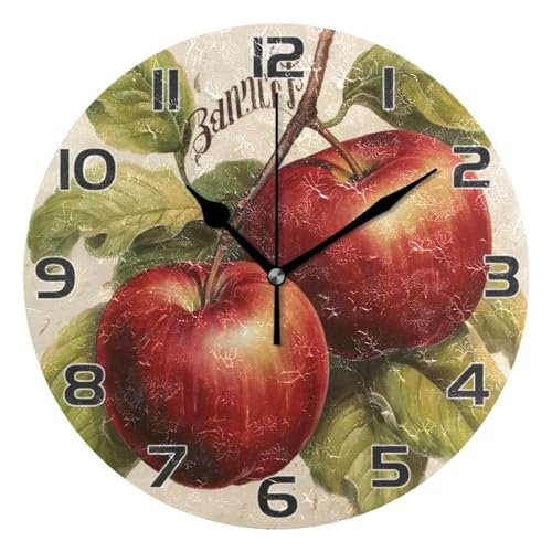 Ttgoth Reloj de pared de manzanas vintage, silencioso, sin tictac, moderno, decorativo, redondo, funciona con pilas, para el hogar, cocina, sala de estar, oficina, 25,4 cm