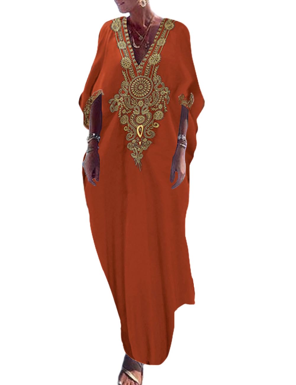 BsubseachGold Embroidery Long Kaftan Dresses V Neck Caftan Dress Beach Cover Ups for Women EmbroideryGlobal Recycled StandardGlobal Recycled StandardGlobal Recycled Standard