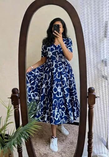 Image of Women's Blue Floral Print Tiered Midi Dress, Short Sleeve, Button-Front, Casual Summer Wear