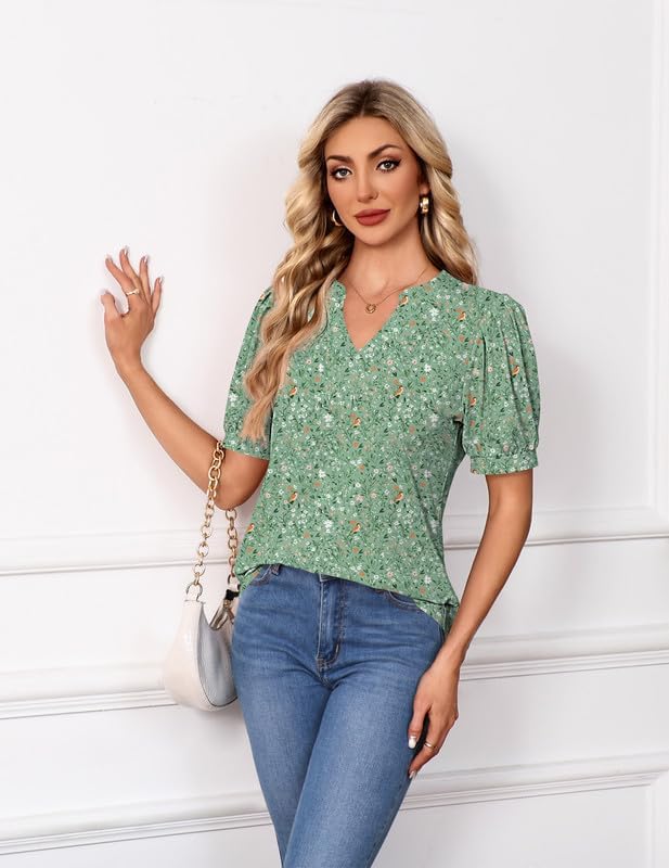 Womens Tops Puff Short Sleeve Shirts Dressy Casual Henley V-Neck Summer Tops Pleated Ladies Tunic Blouses 2026 - Image 4