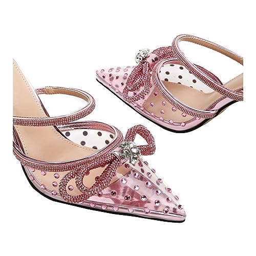 Rhinestone Bow High Heel Sandals Transparent Pointed Thin Heel High Heel Shoes Fashionable and Elegant, Sizes 5-10(Pink,6)2