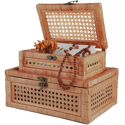 CASALLURA Handcrafted Rattan Storage Box with Hinged Lid and Metal Clasps – Rattan Storage Basket with Lid for Jewelry, Keepsakes, and Home Decor – Lidded Basket – Set of 2 – Natural Color Design