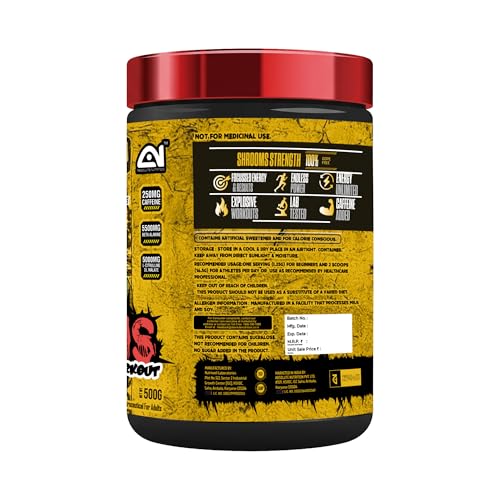 Image of Absolute Nutrition SHROOMS Pre Workout Powder (60 Servings, 500g) | With Beta Alanine, L-Citrulline DL-Malate 2:1, Cocoa Bean Extract & Bitter Orange | (Orange)