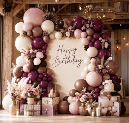 Image of Pink Brown Balloon Arch Double Stuffed Plum Dusty Pink White Balloon Kit