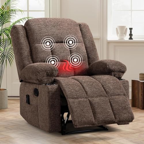 HAOMARKETS Manual Recliners with Massage and Heat for Adults, Breathable Fabric Recliner Chair with 2 Cup Holders & Side Pockets, Overstuffed Heavy Duty Reclining Sofa for Living Room, Brown