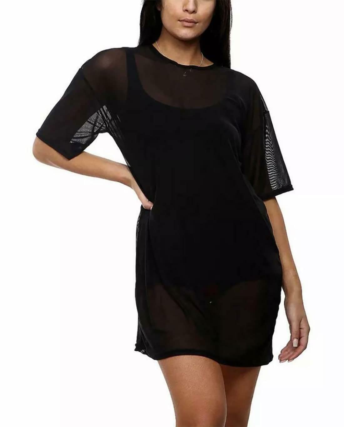 FAIRY TRENDZ LTD Womens Beach Cover Ups Short Sleeve See Through Sheer Mesh Short Dress Ladies Sexy Party Tunic Dress Black