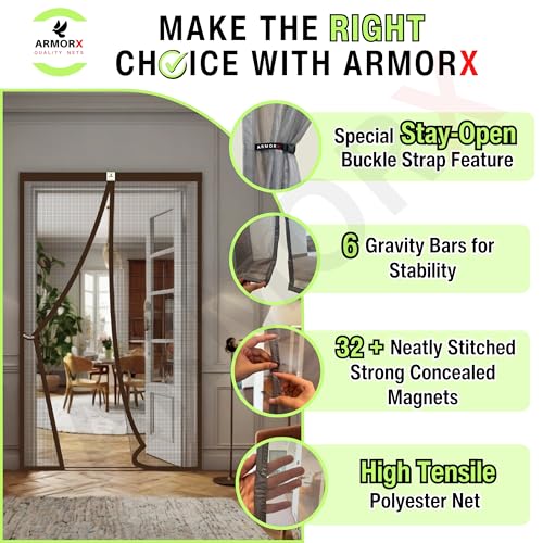 Image of ARMORX High Tensile Polyester Magnetic Door Mosquito Net, Self Closing Magnets with Buckle Strap, Protection from Insects, Pets & Kids Friendly | Brown -220cm x 100cm