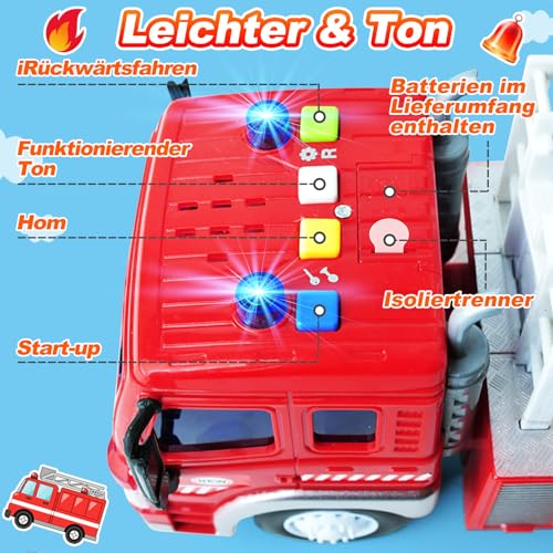 GizmoVine Feuerwehrauto Groß, Feuerwehr Spielzeugauto mit Drehleiter, Sound und Licht, Große Auto Spielzeug Modell, Geschenke für Jungen Mädchen, Kinder Fire Truck Fahrzeuge ab 3 4 5 6 7 8 Jahre