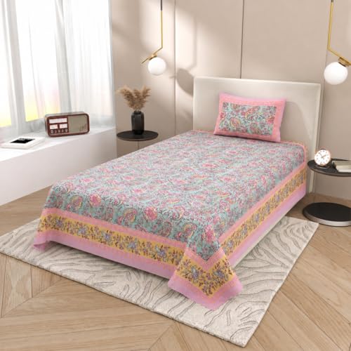 Image of elanorhomes 240 TC Cotton Single Size Bedsheet 60x90 inches with 1 Pillow Cover | Hand Printed | Ultra-Soft & Skin-Safe | Breathable Summer Comfort (Petal Symphony)