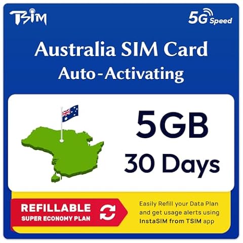Karta SIM Australia | 5 GB Super Ekonomiczny Plan Z Możliwością Uzupełnienia! Automatyczne Aktywowanie, 30-Dniowa Ważność | Prędkość 5G + Hotspot | Tylko Dane, Bez Numeru Telefonu