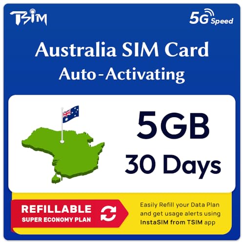 Karta SIM Australia | 5 GB Super Ekonomiczny Plan Z Możliwością Uzupełnienia! Automatyczne Aktywowanie, 30-Dniowa Ważność | Prędkość 5G + Hotspot | Tylko Dane, Bez Numeru Telefonu