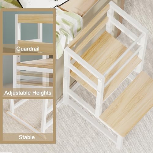 Image of INNOD Kitchen Step Stool for Toddlers, Height Adjustable Toddler Tower with Safety Rail, Steel and Wood Toddler Kitchen Stool Helper Kids, Stool for Kids, Learning Tower, Kids' Desk Wood White