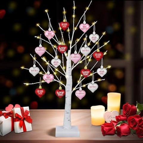 [Timer] Valentines Day Decor 24 Inch Valentines Day Decoration Lighted Tree with 18 Heart Ornaments, USB/Battery Operated Valentines Decor Tree Light, Valentines Day Decorations for Home Table Bedroom Cover