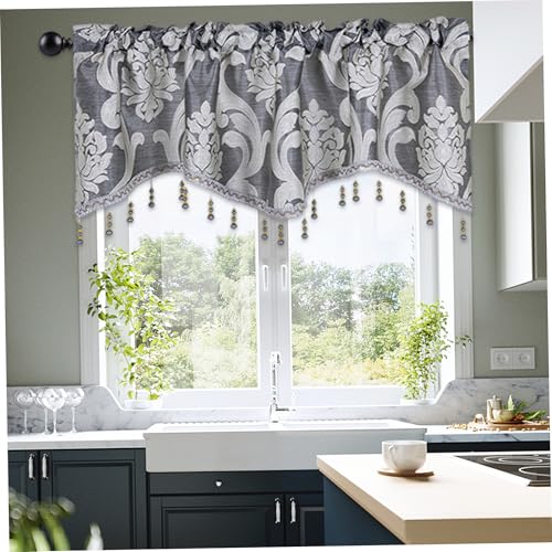 Cenefas festoneadas estilo jacquard gris premium con sofisticadas borlas para salón 4