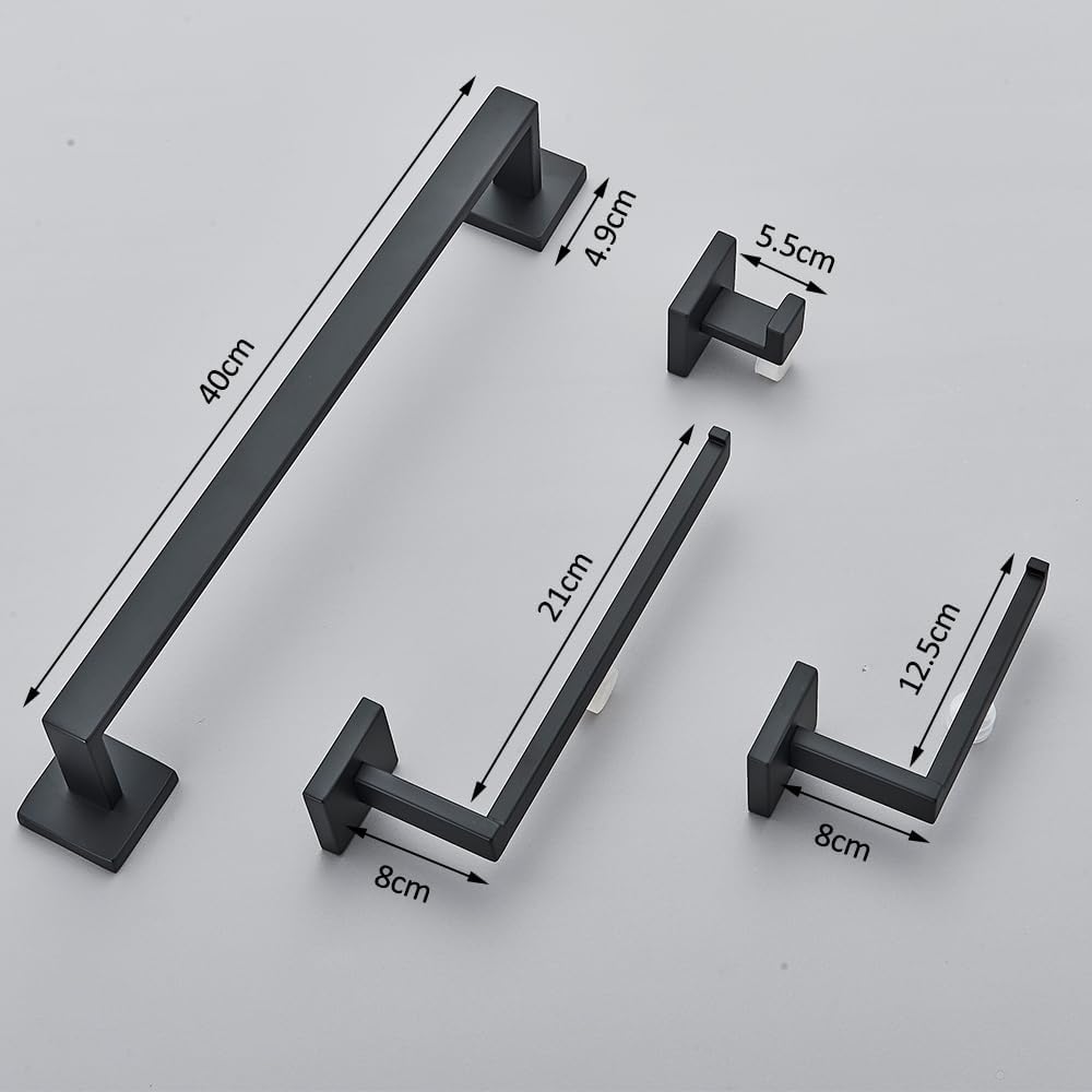 バスルームハードウェアセット304ステンレススチール洋服フックタオルバートイレットペーパーホルダーペーパータオルホルダーバスルームペ  マットブラックバスルームハードウェア5点セット バスルームアクセサリー ステンレススチール壁取り付け、16インチのタオルバー ...
