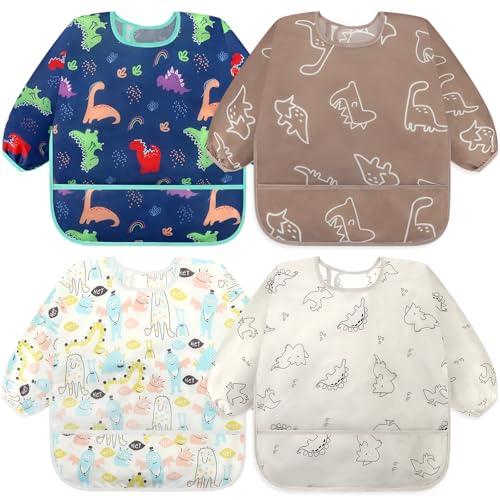 Image of Accmor 4 Pack Long Sleeve Bibs, Baby Smock Waterproof Sleeved Bib Smock for Baby Toddler 6-36 Months