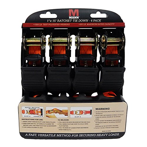 Mann Ratchet Tie Downs Straps with S-Hooks 4-Pack Set 1-Inch x 15-Feet 500 Lbs Load Cap - 1500 Lb Break Strength