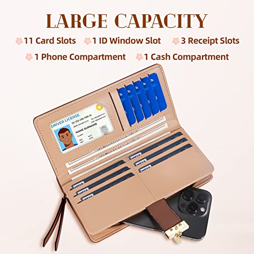 Image of Sweet Cute Chocolate Women's Long Leaf Bifold Wallet Leather Card Holder Purse Zipper Buckle Elegant Clutch Wallet Handbag for Women - Brown