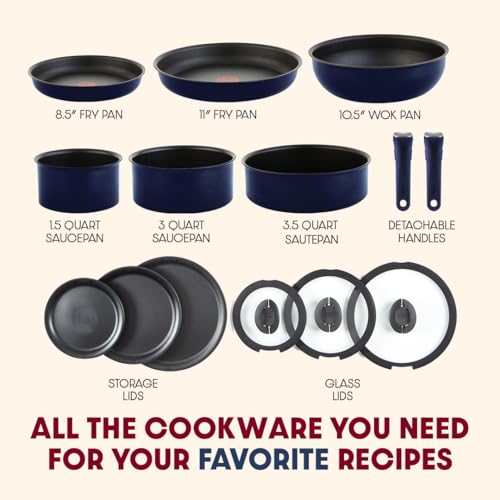 Image of T-fal Ingenio Expertise Non Stick Cookware Set 14 Piece, Induction Oven Broiler Safe 500F, Detachable /Removable Handle, Kitchen, Pots and Pans, RV, Camping, Fry Pans, Saucepans, Dishwasher Safe, Blue