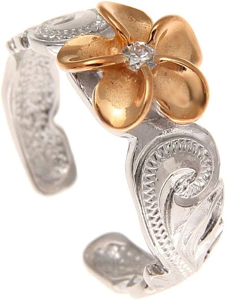 Arthur's Jewelry 925 sterling silver rhodium plated pink rose gold plated Hawaiian plumeria cz scroll cut out edge toe ring