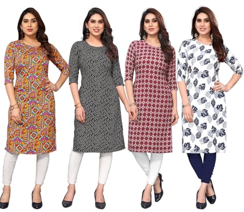 Image of JAKHANA Women's Crepe Printed Casual Straight Calf Length Round Nick Kurta Pack of 4