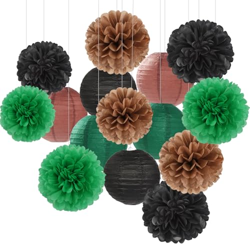 Image of Football Party-Decorations Paper-Flowers - 15pcs Green Brown Black Tissue Pom Poms Lanterns Streamers,Birthday Baby Shower Bachelorette Hanging Supplies Decor Hugfond