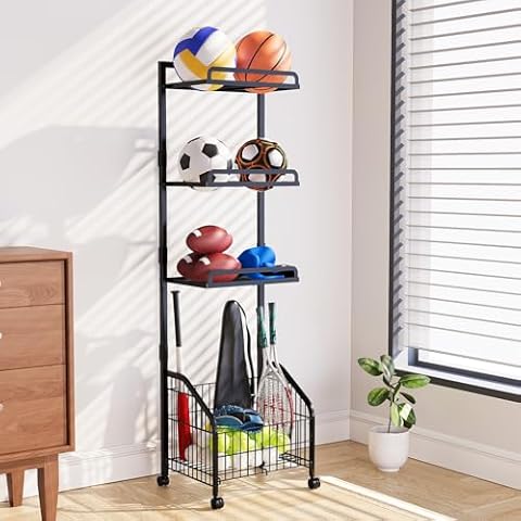 Garage Sports Equipment Organizer Storage, Ball Storage Rack, Home Gym Equipment Storage Rack, Rolling Outdoor Toy Storage with Wheels, Ball Holder for Football Soccer Basketball Volleyball Baseball Cover