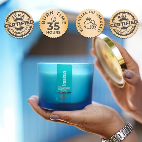 Image of EKAM | 3 Wick Soy Wax Scented Candle| 35 Hours Burn Time| Long Lasting Premium Candles| Ideal for Home Decor, Gifting & Aromatherapy| Ocean Dream Fragrance
