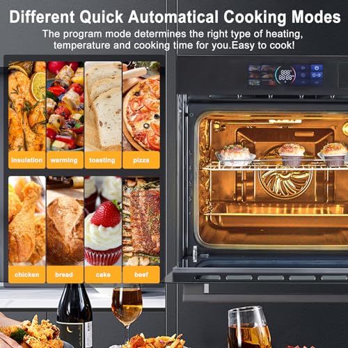 Single Wall Oven, 2.5 Cu.ft Smart Oven with Color LED Display Touch Control, 24" Built-in Electric Ovens with 8 Functions &108 Automatic Recipes, 3000W/240V Air Fryer Combo Convection Oven for Kitchen