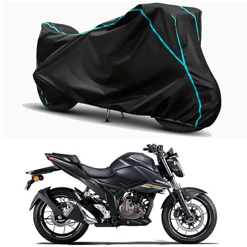 Image of Waterproof Bike Body Cover Compatible for | Suzuki Gixxer 250 BS6 | Taffeta Fabric, Sky Piping Design, Bottom Elastic Fit | Dustproof, Sun UV & Rain Protection for All Weather.