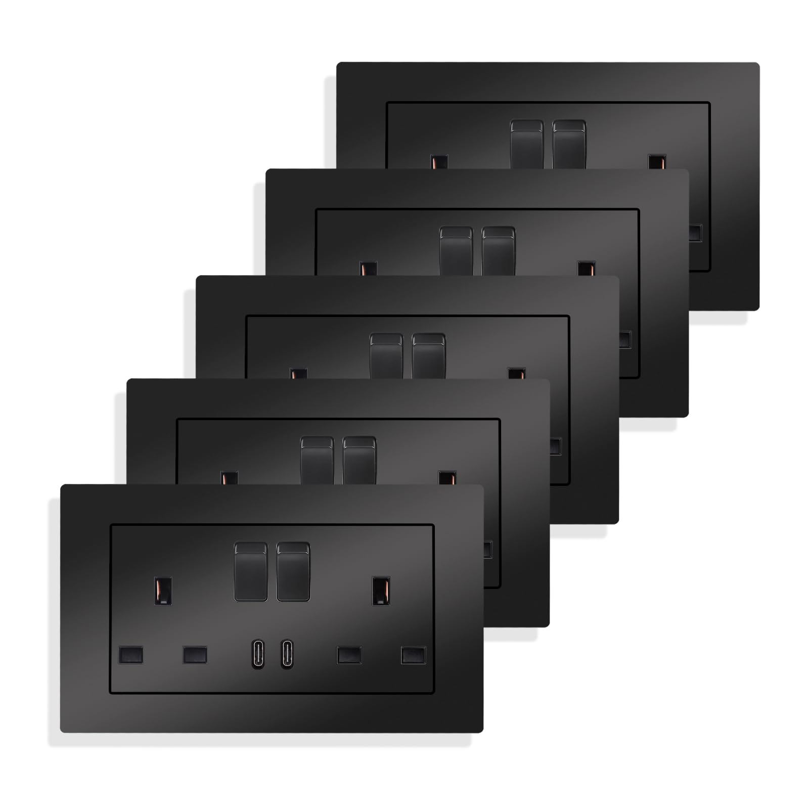JIMEIDA 5 Pack Double Switched Socket Black 13 Amp with 2 Type-C Charging Ports Crystal Wall Outlet Electric Power Socket 146mm*86mm