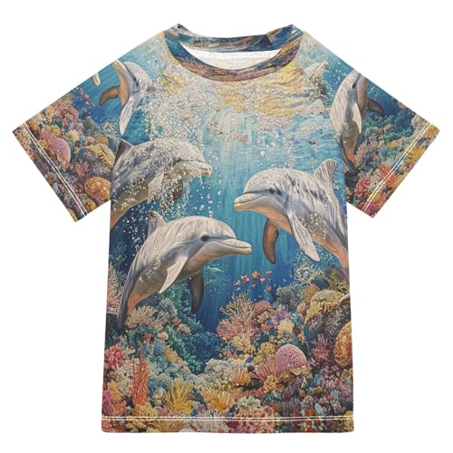 Toddler Boy Rash Guard Short Sleeve Swim Shirt Dolphin Print Rashguard 9-10T Beach Shirts Quick Dry,010