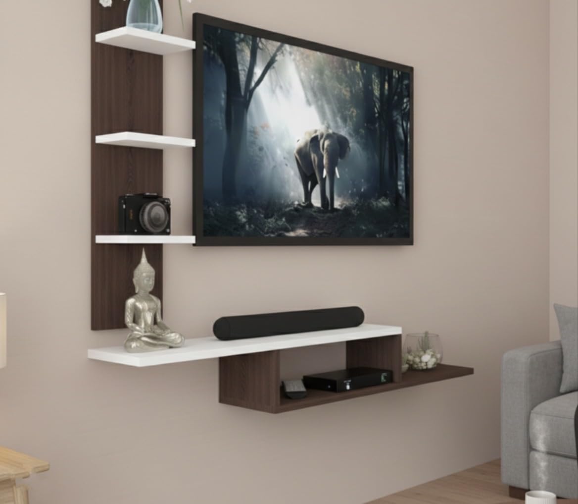 Modern Floating TV Cabinet Wall Mount with Storage Shelves, Entertainment Centre with Display Unit, White and Walnut-image-32