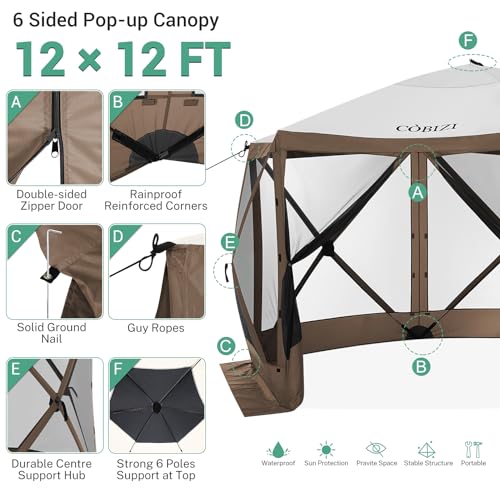 Image of COBIZI 12x12 FT Pop Up Canopy Shelter Tent, Large Gazebos On Clearance with Sidewalls, Screened in Gazebo, Screen Tents Portable carpas para Patio for Outdoor Camping, Backyard, Garden, Beach,Brown
