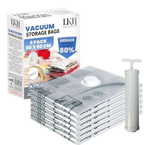 LKH Vacuum Storage Bags with Pump Heavy-Duty Clothes Storage Bags – Waterproof, Airtight & Reusable Space Saver Bags Reduce Volume by 80% – 3x Seal Valve for Secure Compression 60x80cm (6 Pack)