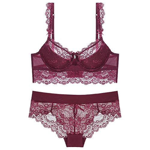 YLISHI Ultra-Thin lace Lingerie Bra Underwear Panties Ladies Large Size Bra Set (Wine Red, 44D)