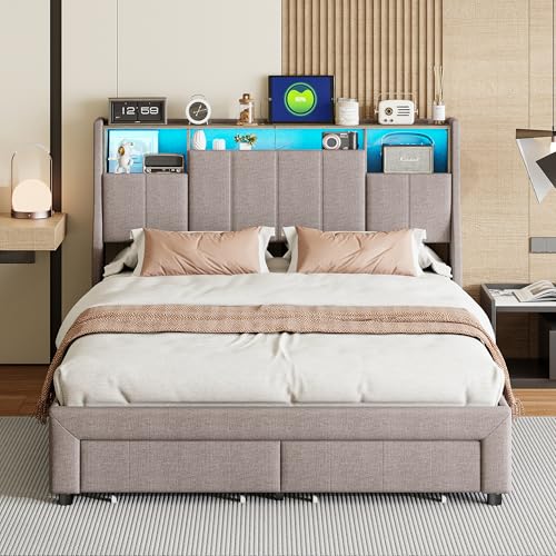 BRYXR Lit à sommier tapissier 140 x 200 cm, avec sommier à lattes, élégant lit rembourré, avec espace de rangement, 4 tiroirs, éclairage LED individuel (lin gris +...