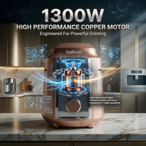 Image of Indicon Turbo 1300W Copper Motor Mixer Grinder with 3 Stainless Steel Jar 3-Speed Control, Heavy Duty for Grinding, Blending & Juicing, (Rose Gold) (Rose Gold)
