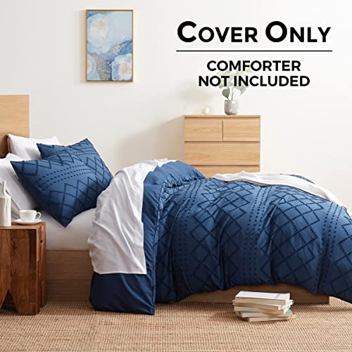 Image of Nestl Boho Bedding Queen - Navy Textured Duvet Cover Set, 3 Piece Tufted Boho Duvet with Zipper Closure, 90x90 Inches and 2 Pillow Shams