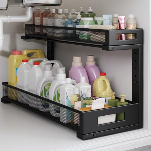 Image of 1 Pack 20.47IN Depth Under Sink Storage Organizer, Large 2-Tier Elegant Mesh Pull Out Shelf for Kitchen and Bathroom Cabinet Organization, L-Shaped and Adjustable Height Design-Black