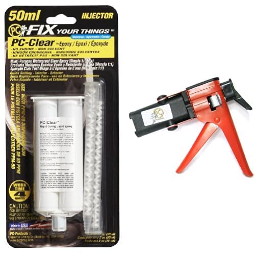 Project Kit Includes (12) PC Products PC-Clear Epoxy Adhesive Liquid, 50ml Cartridge, Clear 75005 and (1) PPM-50 Standard Epoxy Adhesive Dispensing Gun, 50ml