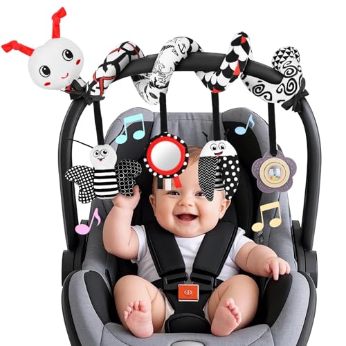 Image of Zendstanding Car Seat Toys for Babies, 0-6 Months Stroller Activity Black White Baby Spiral Plush Toys Newborn High Contrast Sensory Carseat Toys with 4 Pendants Hanging Boys Girls Gift
