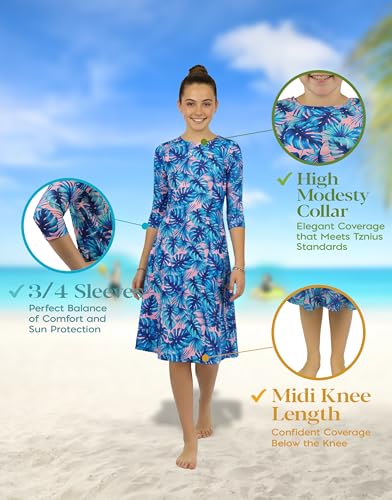 Image of Shira Modest Girls Swim Dress | 3 /4 Sleeve Swimdress, Full Coverage Bathing Suit | Tznius UPF 50+ Quick-Dry