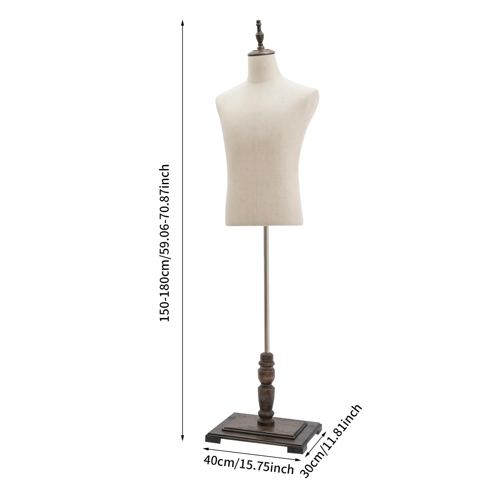 Mannequin de couture pour homme - Hauteur réglable de 150 à 180 cm - Buste de mannequin - Présentoir pour vêtements et vêtements - Beige - Lin fin - Taille M