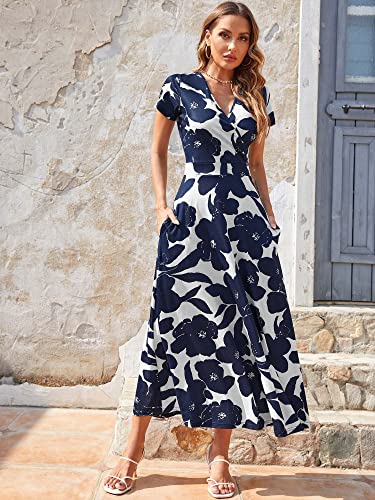 Image of HUHOT Women's Short Sleeve Wrap V Neck Dresses for Wedding Guest Summer Floral Maxi Sundresses with Pockets Boho Dress